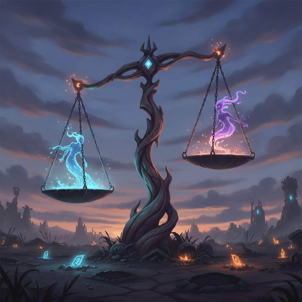 Balança arcana simbolizando o ajuste de equilíbrio do patch