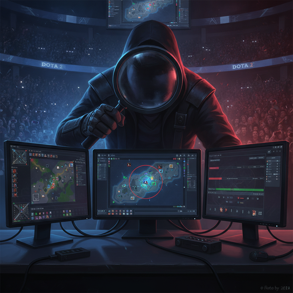 Cabine de observador monitorando uma partida de Dota 2 em vários monitores