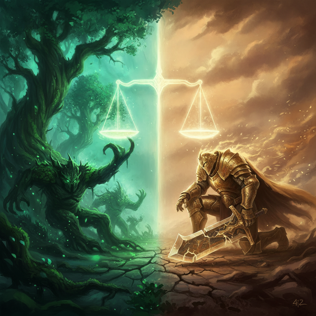 Cena estilizada representando o equilíbrio de poder do patch 7.41d