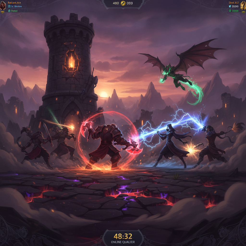 Tela de transmissão de um confronto decisivo de Dota 2 em qualificatória online