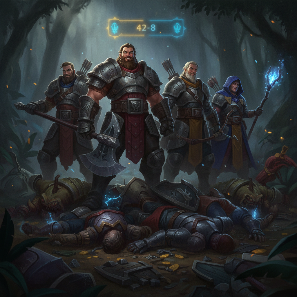 Confronto desigual em uma partida online de Dota 2, com um time dominando o mapa sem perder uma vida
