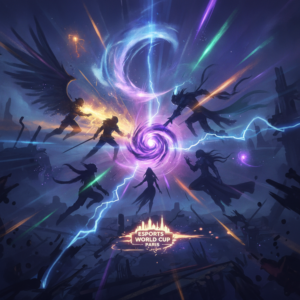 Arena do Esports World Cup 2026 em Paris, palco principal com 24 times de Dota 2 competindo pelo prize pool de US$ 2 milhões