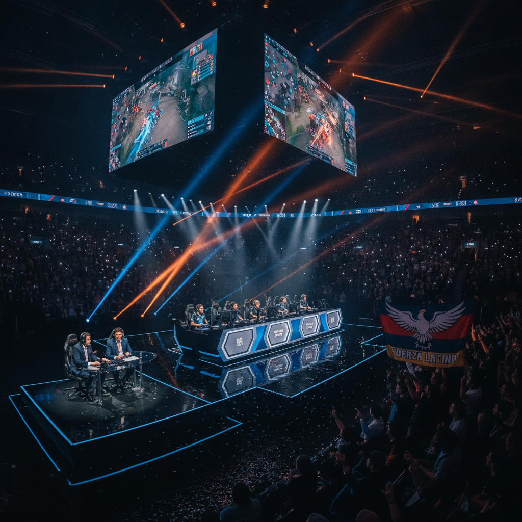 Arena do EWC 2026 em Paris com telão e palco iluminado de torneio de Dota 2