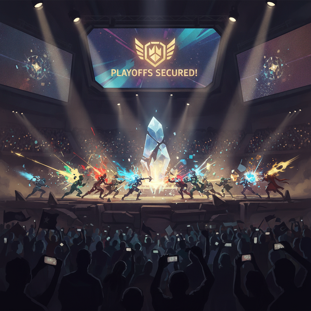 Cena de teamfight competitivo em arena de Dota 2 com iluminação de palco de torneio