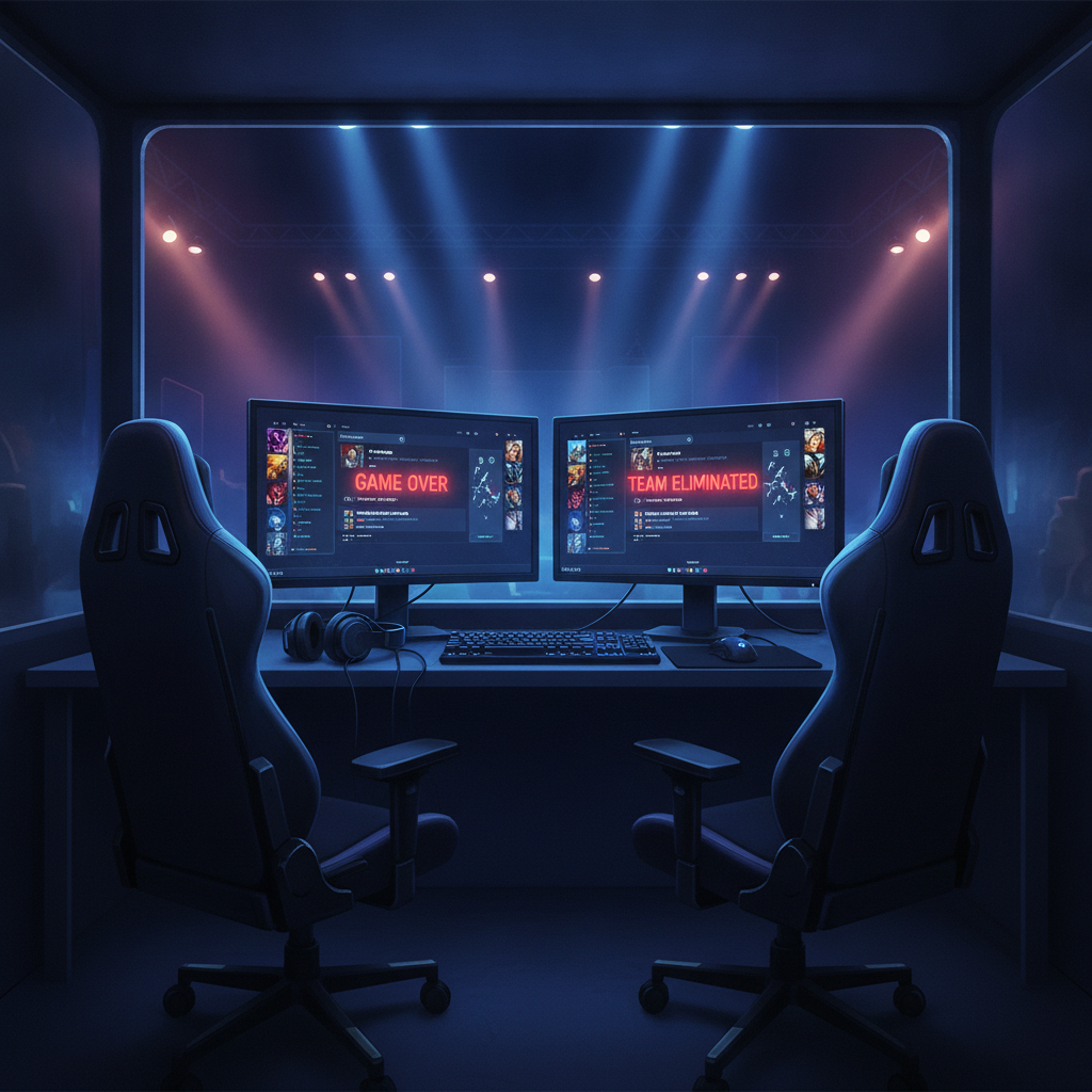 Estádio de esports vazio durante intervalo de partida de Dota 2 em torneio internacional