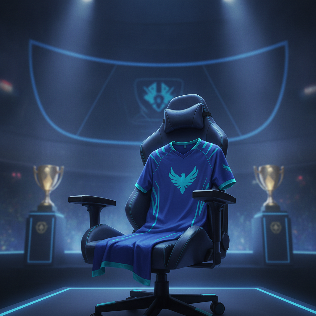 Jogadores de Dota 2 em cadeira de gaming durante anúncio de elenco de organização de esports