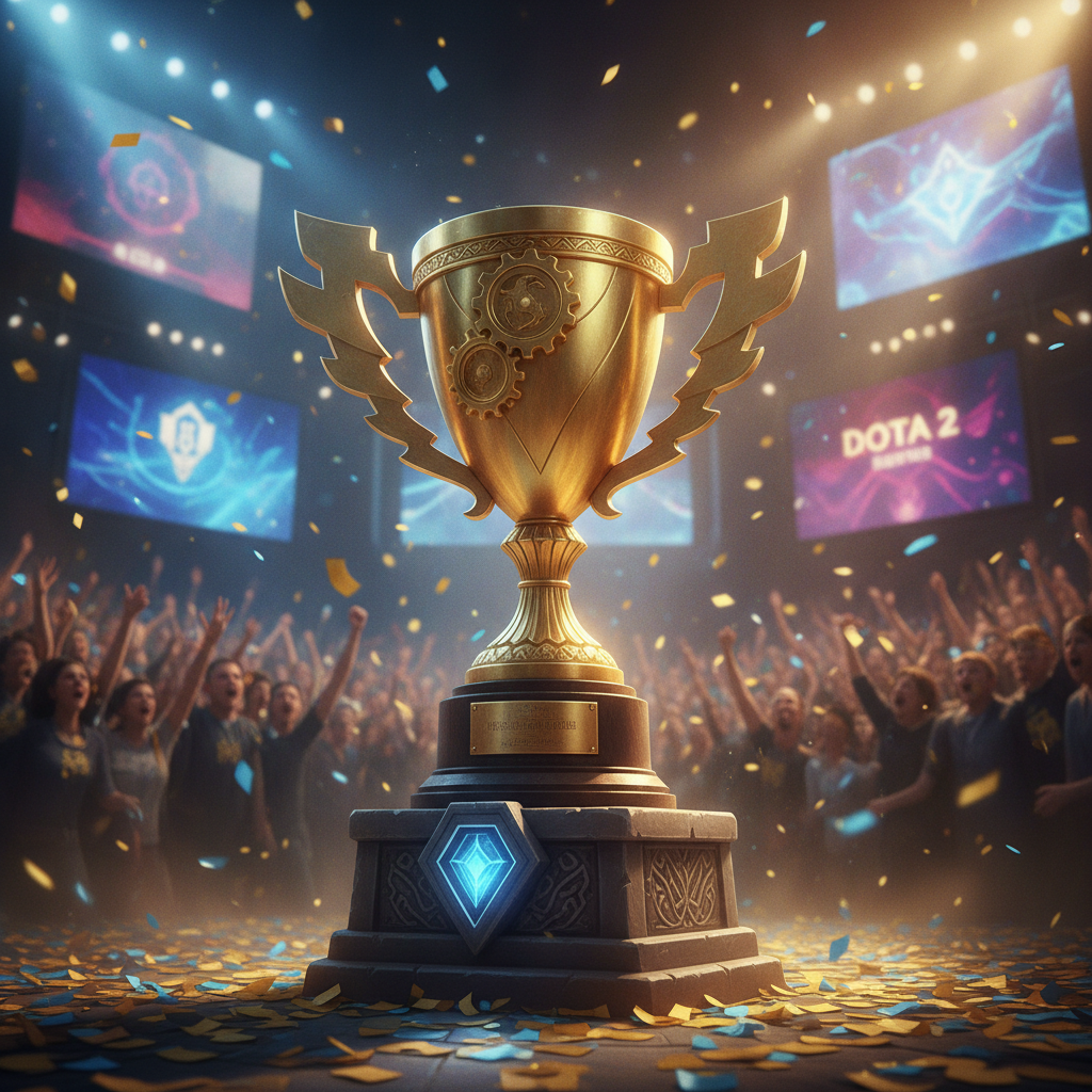 Jogadores de Dota 2 comemorando conquista de campeonato em arena de esports