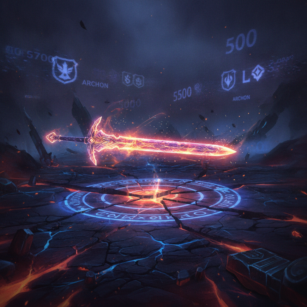 Cena de arena competitiva de Dota 2 com holograma de itens e MMR em destaque