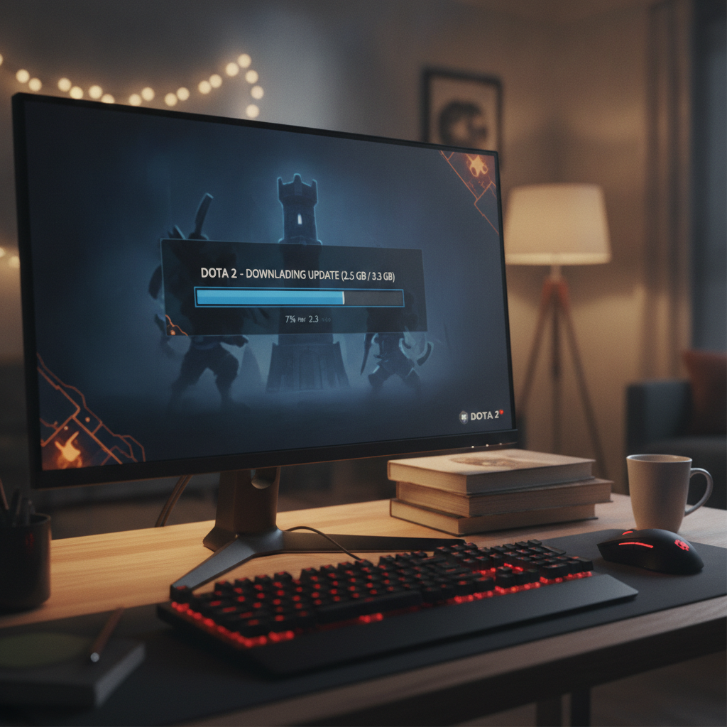 Tela de instalação de Dota 2 sendo baixado pela Steam em um computador