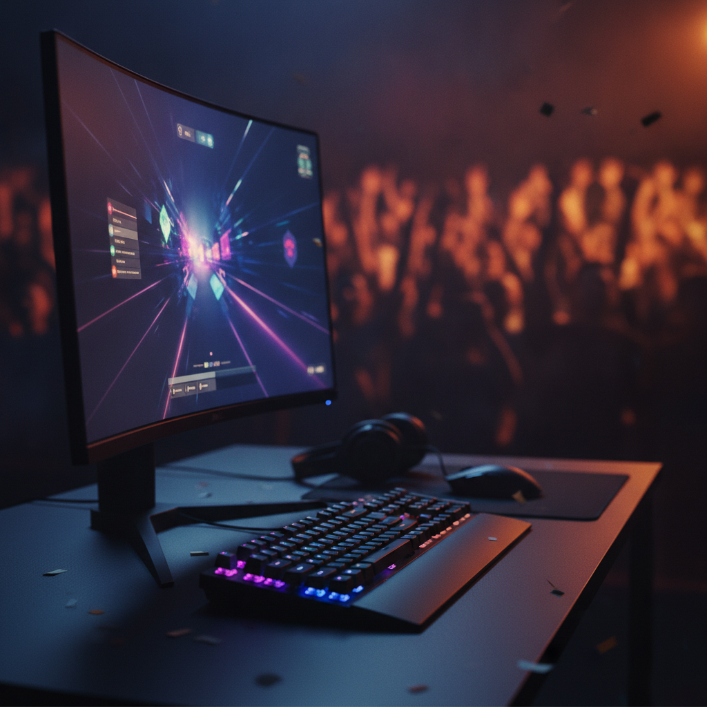 Setup de jogo em palco de competição de esports com torcida ao fundo