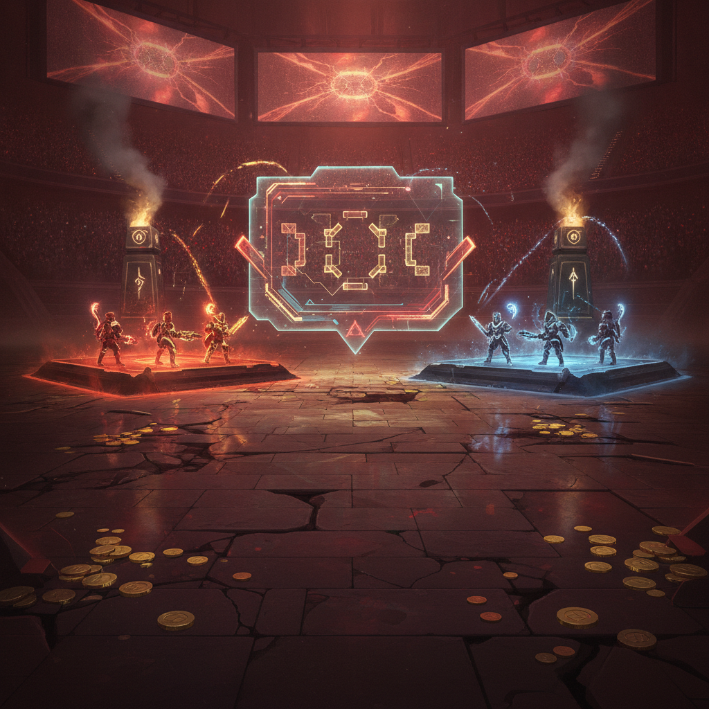 Cena de arena competitiva de Dota 2 com holograma de calendário e premiação em destaque
