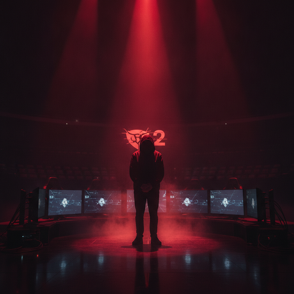 Silhueta de jogador de Dota 2 isolada sob luz vermelha de investigação, elenco ao fundo desfocado