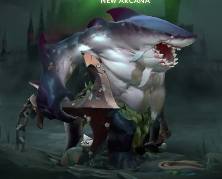 Tidehunter com a arcana Maw of the Megalodon, em forma de tubarão